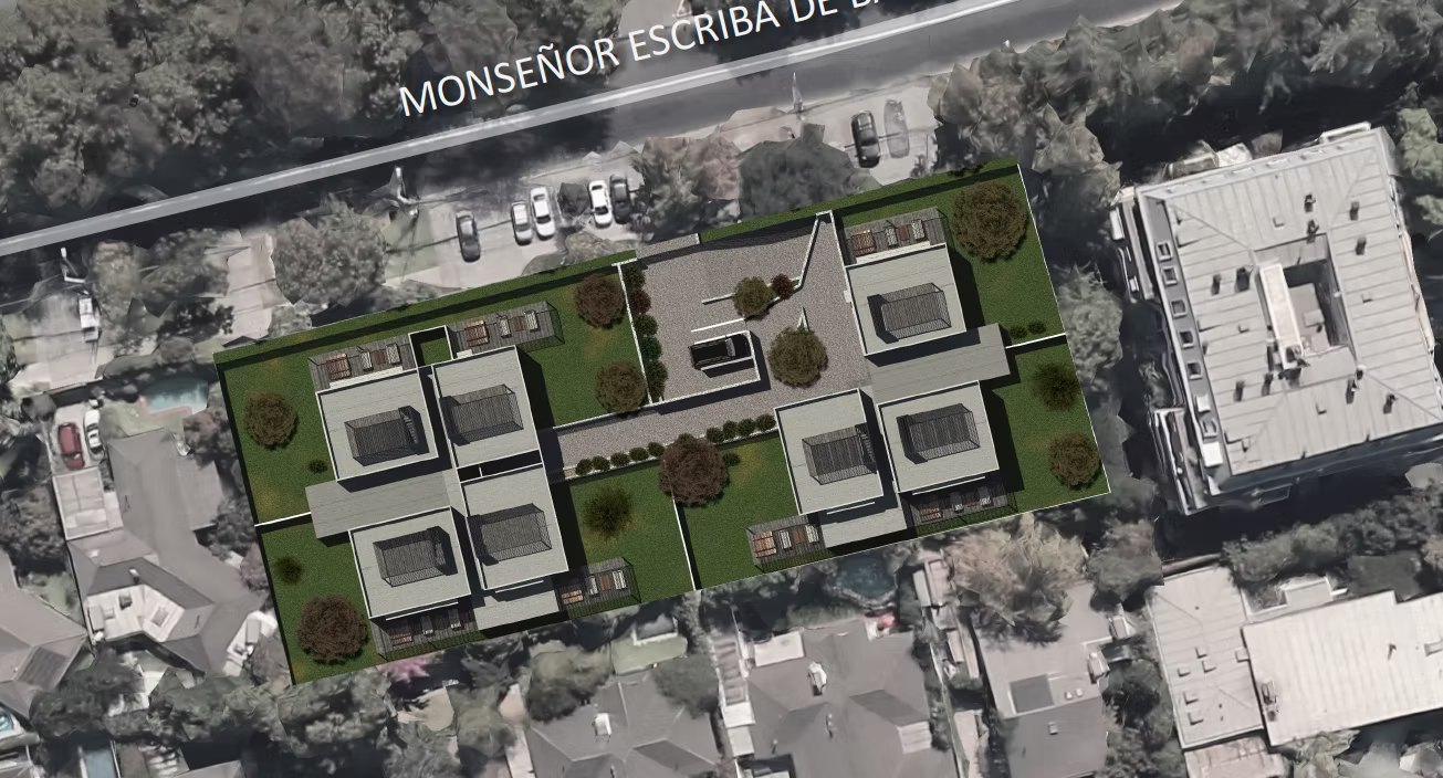 ELE3 Empresas — Estudio de factibilidad de condominio en Vitacura, emplazamiento sobre imagen aérea