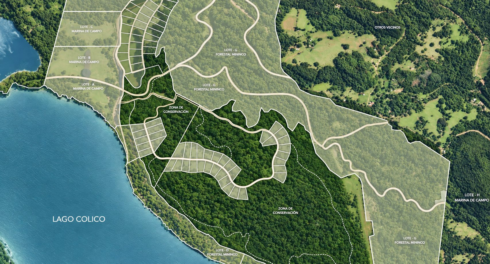 ELE3 Empresas — Master plan de fundo de 280 ha en Lago Colico con macrolotes, loteo y zonas de conservación