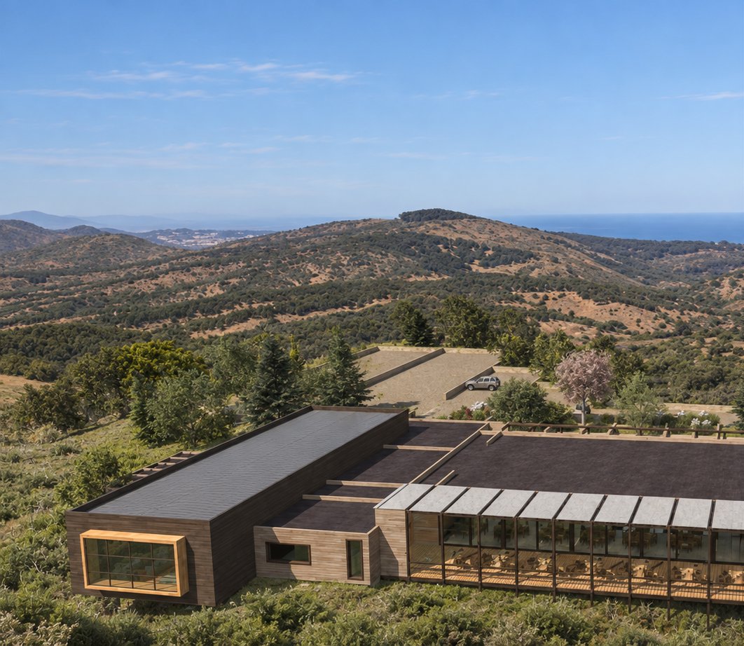 ELE3 Empresas — Outlife Fundo Aguas Claras, render del edificio principal con vista al valle